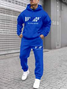 Manfinity LEGND Men's Letter Printed Hoodie With Kangaroo Pocket And Joggers Set - Blue - View 1