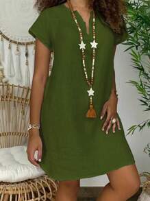SHEIN LUNE Vestido Recto Con Cuello En V Y Muescas Para Mujer - Verde militar - Ver 1