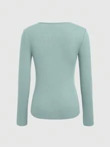 INAWLY Camiseta De Manga Larga Ajustada Con Agujeros De Color Liso Para Mujer Con Canalé