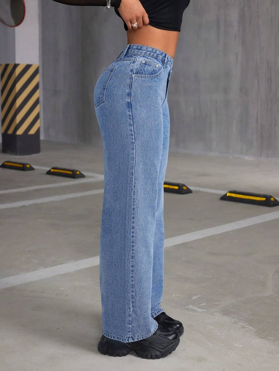 SHEIN ICON 純色不對稱直筒牛仔褲 - 中等水洗藍 - 查看 1
