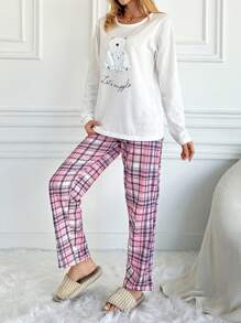 EURMUSE 女士極地熊字母印花長袖上衣和格紋褲子睡衣套裝 - 白色 - 查看 5