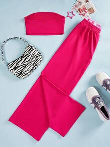 SHEIN EZwear Ladies' Solid Color Tube Top And Letter Print Pants Two Piece Set - Hot Pink - View 2
