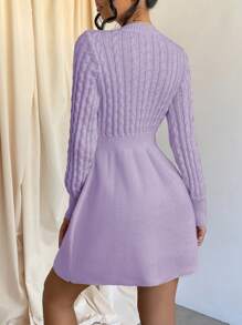 SHEIN Cottnline Plain Color Ribbed Waist Sweater Dress - Mauve Purple - View 2