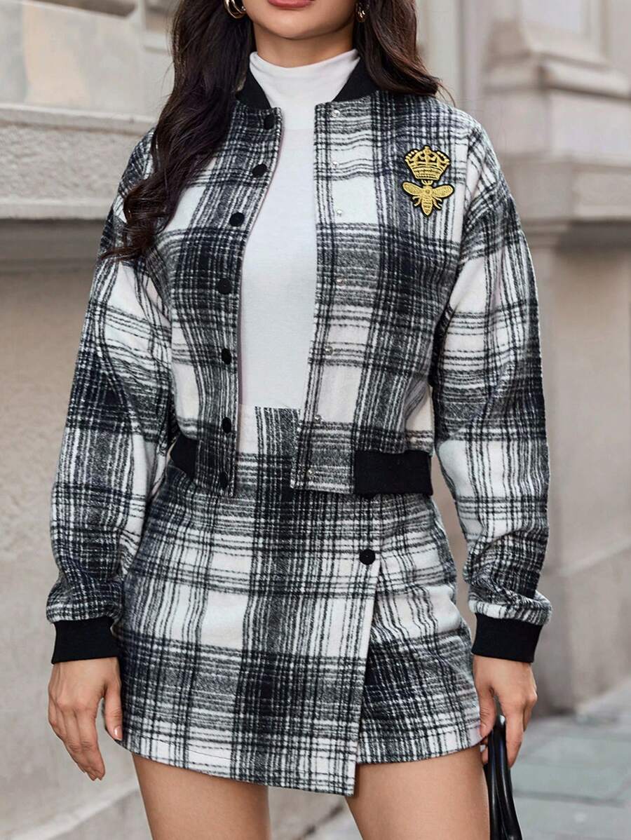 EURMUSE Women's Plaid Jacket And Mini Skirt Two Piece Set For Fall/winter - Black and White - View 1