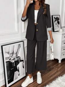 SHEIN Clasi Striped Contrast Rolled Cuff Blazer Set - Black - View 1