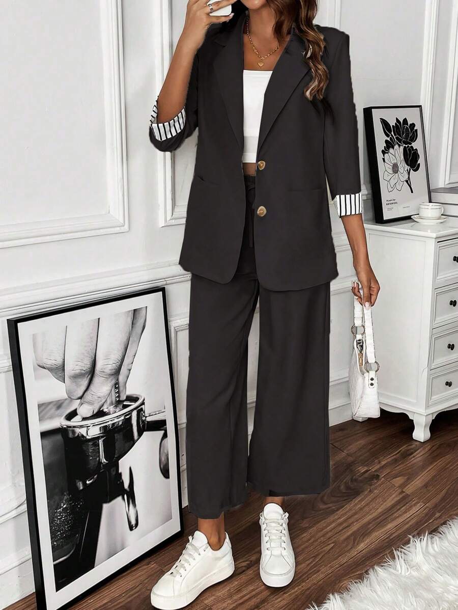 SHEIN Clasi Striped Contrast Rolled Cuff Blazer Set - Black - View 1