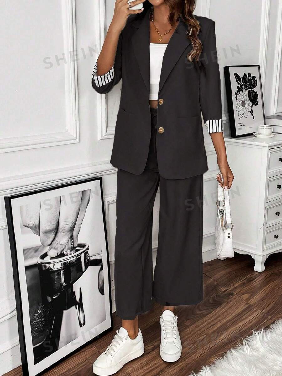 SHEIN Clasi Conjunto De Blazer A Rayas Con Puño Enrollado Y Contraste - Negro - Ver 1