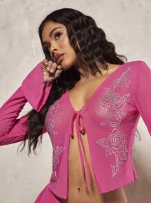 SHEIN BAE Women'S Rose Pattern Rhinestone Embellished Top - Hot Pink - View 6