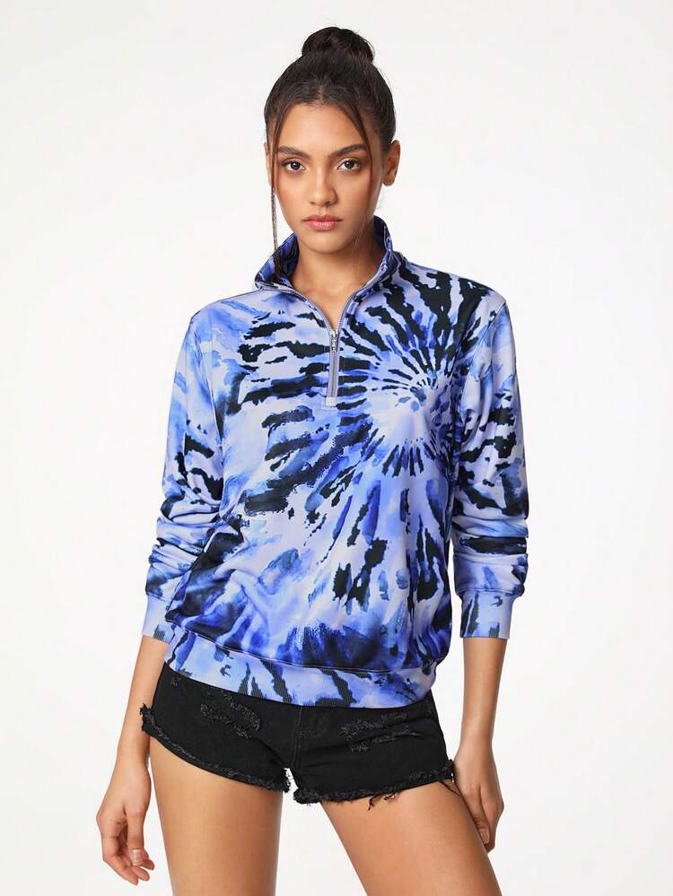 Artist Stand Collar Regular Fit Tie Dye Printed Sweatshirt, For Holiday, Vacation, Spring, Festival, Workout, Ibiza Fits