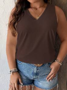 Plus Size Solid Color Cami Top With Curved Hemline - Coffee Brown - View 4