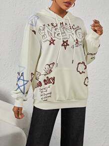 SHEIN EZwear Của phụ nữ Áo nỉ có mũ Với Lá thư Và In sao năm cánh - màu nâu - Xem 6
