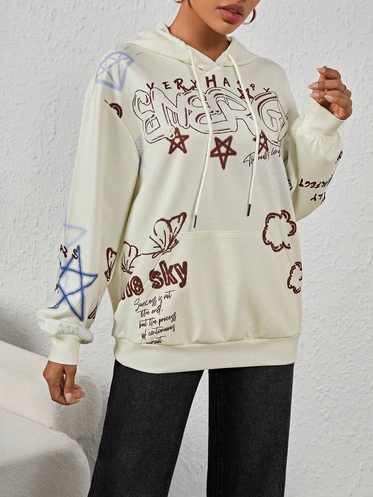Women'S Hooded Sweatshirt With Letter And Five-Pointed Star Print