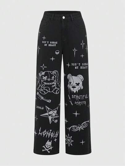 Grunge Punk Lässige und vielseitige Boyfriend-Jeans für Frauen mit Grafik-Muster, Schule