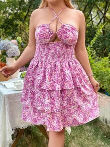 Breezaya Vestido con estampado floral con cuello halter y espalda descubierta, talla grande