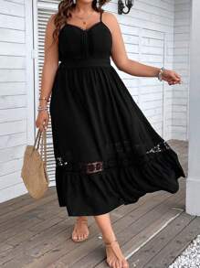 SHEIN Holidaya 大尺碼女蕾絲拼接細肩帶連身裙 - 黑色 - 查看 6