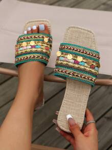 WRCVS Grüne Sommer Kette Stickerei Flat Sandalen, Boho Stil Perlen Urlaubs Party Pantoffeln, gewebte Slides ohne Verschluss