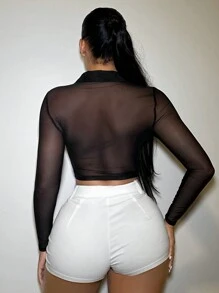 SHEIN SXY Women'S Mesh Sheer Top With Rhinestone Embellishment - Black - View 2