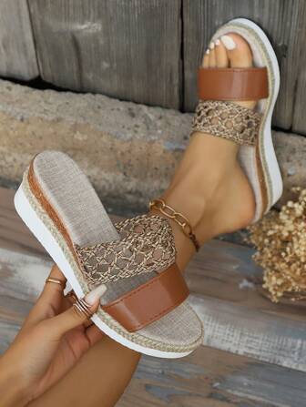 Lightweight Woven Brown Open Toe Thick Bottom Wedge Sandals For Women, Non-Slip Summer Beach Shoes, Indoor And Outdoor Slippers