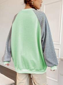 Flirla Textured Grid Raglan Sleeves Sweatshirt Pullover Fall Sweatshirt - Mint Green - View 2