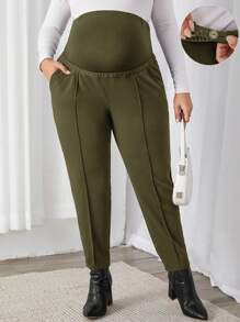 SHEIN 孕婦加大尺碼純色調節腰部長褲 - 軍綠色 - 查看 1