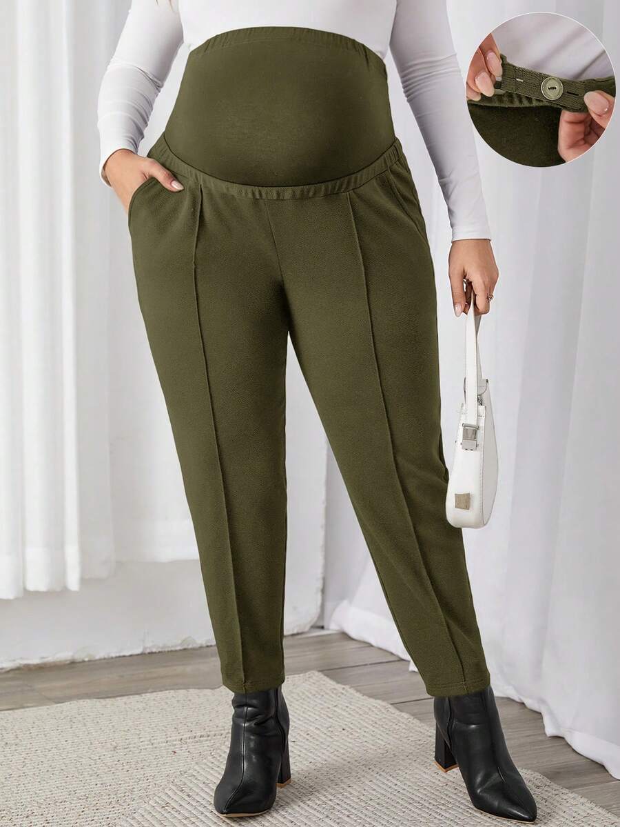 SHEIN 孕婦加大尺碼純色調節腰部長褲 - 軍綠色 - 查看 1