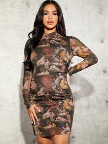 SHEIN 孕婦立領油畫印花長袖連身裙 - 棕色 - 查看 3