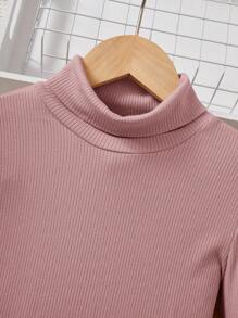 Tween Girls' Knitted Solid Color Stand Collar Casual Top And Plaid Skirt Set - Dusty Pink - View 3