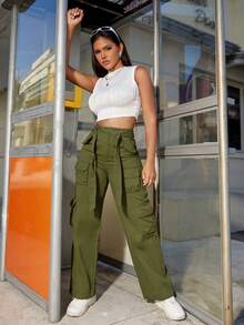 Y2K街頭復古高腰腰帶蓋式多口袋嘻哈直筒貨櫃褲 - 軍綠色 - 查看 7