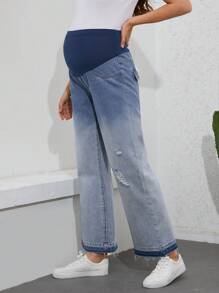 SHEIN 漸進式破洞細節可調式腰圍孕婦牛仔褲 - 中等水洗藍 - 查看 6