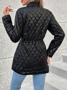 SHEIN Clasi Chaqueta Acolchada Con Diseño De Bolsillo Y Cordón Con Rayas Laterales Para Mujer - Negro - Ver 2