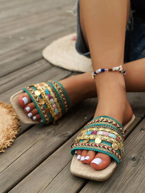WRCVS Green Summer Chain Embroidery Flat Sandals, Bohemian Style Beaded Vacation Party Slippers, Woven Directional Unfix Slides