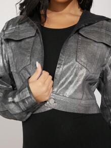 Denimoi Fashion Hooded Metallic Crop Denim Jacket - Black - View 6