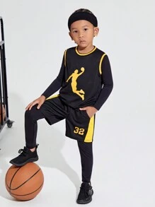 SHEIN 4pcs Toddler Boys' Loose Casual Round Neck Vest, Long Sleeve T-shirt, Pants And Shorts Sports Outfits - Black - View 13