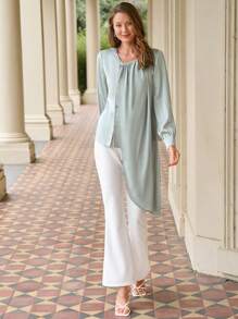 Anewsta Women'S Solid Color Shirt With Asymmetrical Neckline And Hem - Green - View 6