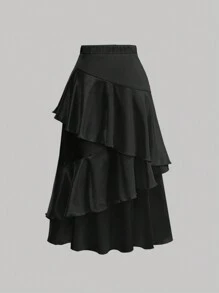SHEIN MOD 女士多層褶邊短裙 - 黑色 - 查看 2