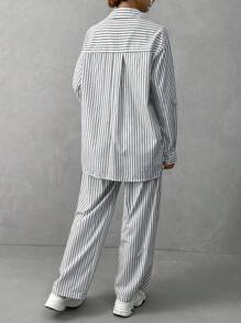 SHEIN Essnce 條紋落肩休閒襯衫和褲子2件套裝 - 黑與白 - 查看 2