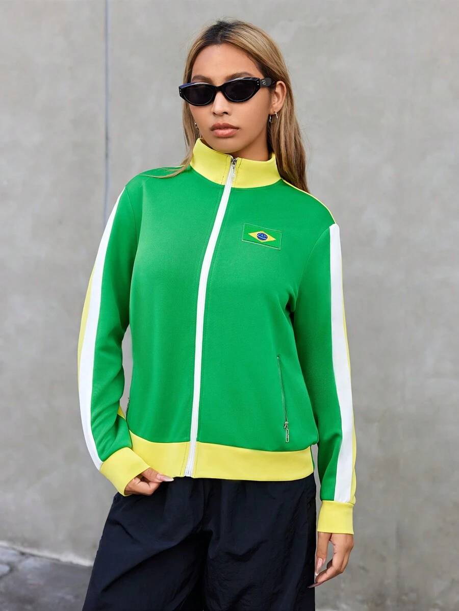 SHEIN EZwear 女士拉鍊前方色塊夾克 - 彩色 - 查看 1