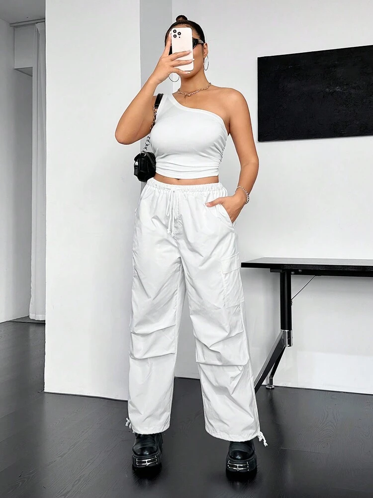 Plus Size Solid Color Top And Trousers Two Piece Set