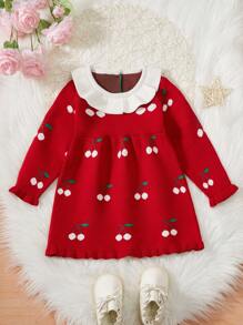 Baby Girls' Cherry Pattern Color Block Sweater Dress With Floral Hem - Red - View 1