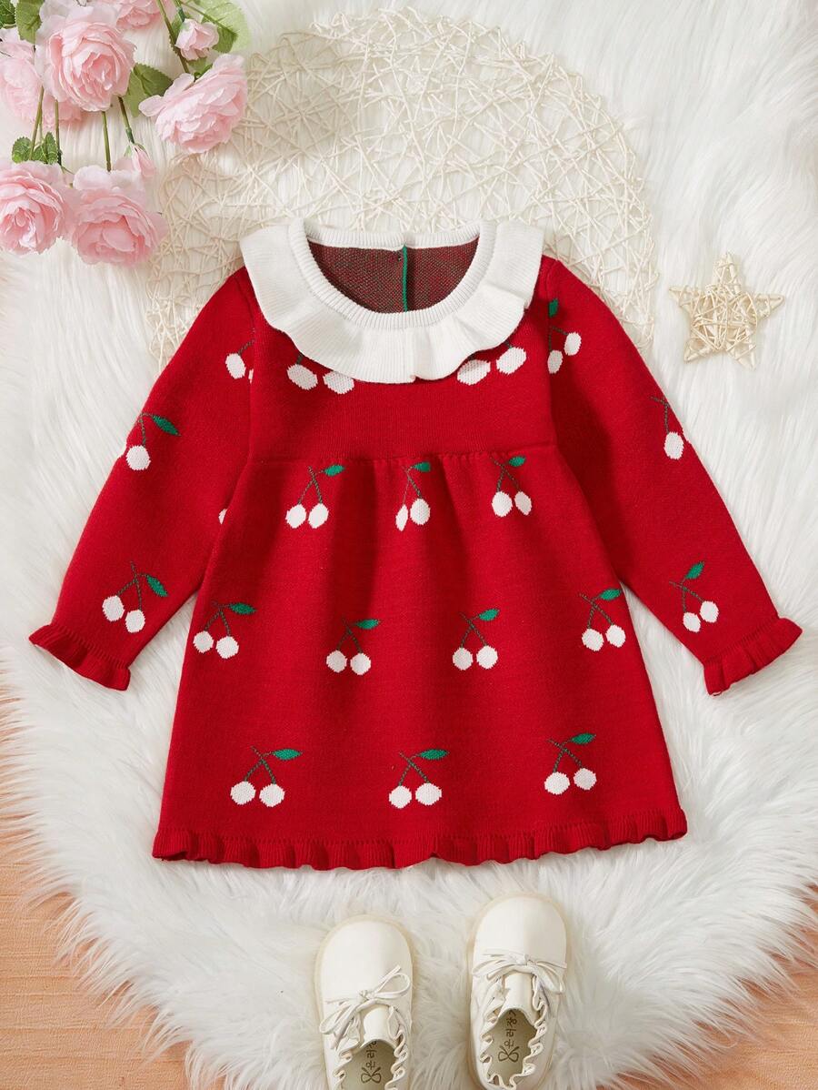 Baby Girls' Cherry Pattern Color Block Sweater Dress With Floral Hem - Red - View 1