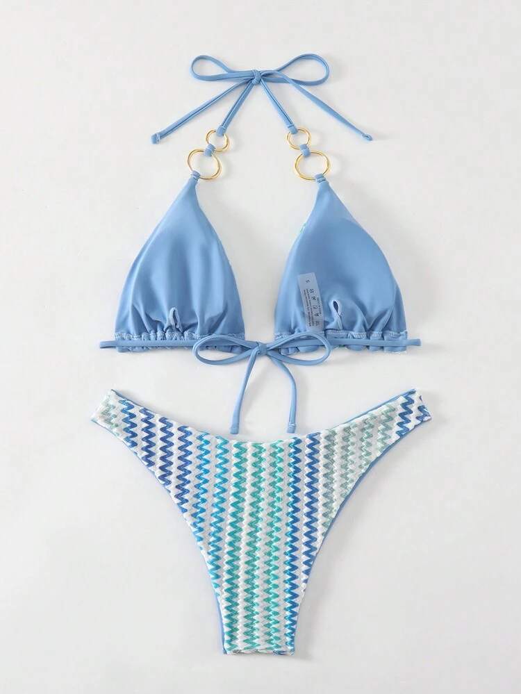 Summer Wave Stripe Print Halter Neck Separated Triangle Bikini Set Carnival