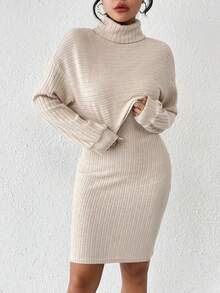 SHEIN Frenchy 純色高領長袖T恤和緊身坦克裙兩件套裝 - 杏色 - 查看 5