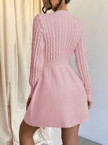 Solid Color Long Sleeve Sweater Dress With Round Neck - Dusty Pink - View 2