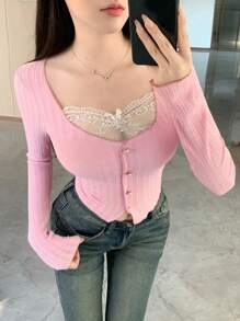 DAZY Của phụ nữ Tay áo dài Ren Nối Áo thun - Hồng - Xem 3