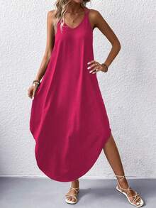 EARO Elegant European & American Style Casual Sleeveless Maxi Dress, Simple Solid Color Knit Tie-Waist Fitted Slim Dress, Comfortable For Daily Wear, Spring/Autumn - Hot Pink - View 5