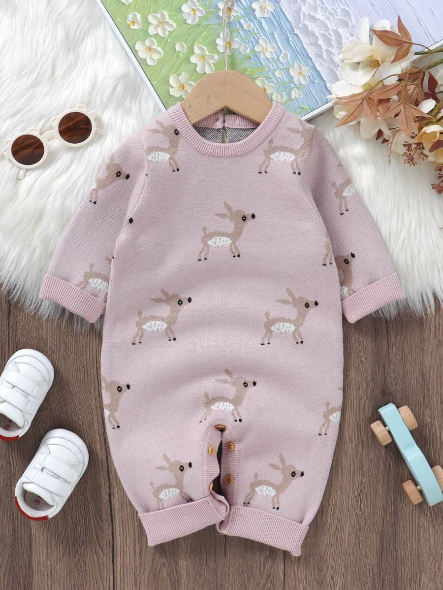 Infant Girls' Cartoon Deer Printed Sweater Romper - Pink - View 1