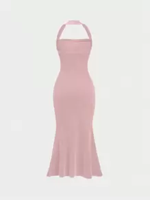 Sweetra 女士纯色褶饰美人鱼挂脖连衣裙 长款女装 - 粉色 - 查看 2