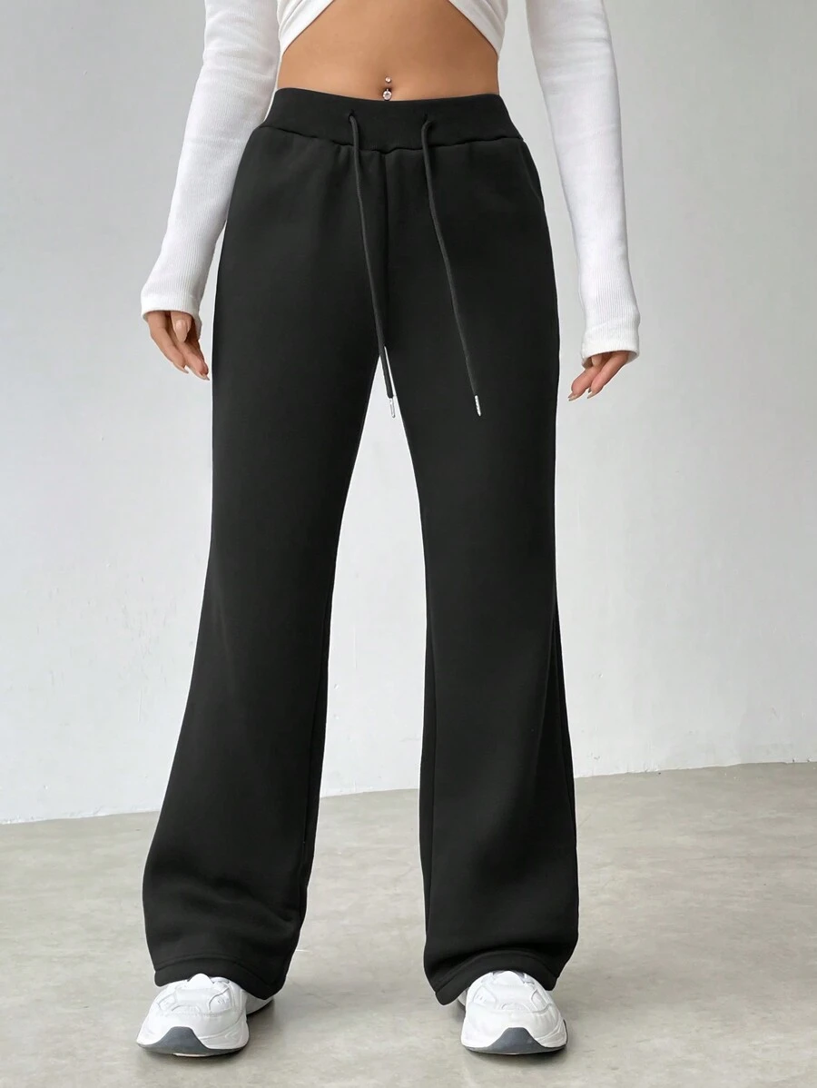 SHEIN Unity 純色束腰低腰運動長褲 - 黑色 - 查看 1