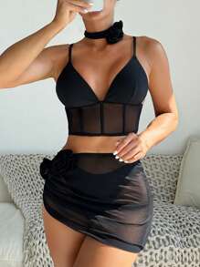 Mesh Splicing 3d Flower Decoration Bikini Set Summer Beach - Black - View 1