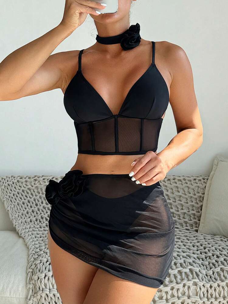 Mesh Splicing 3d Flower Decoration Bikini Set Summer Beach